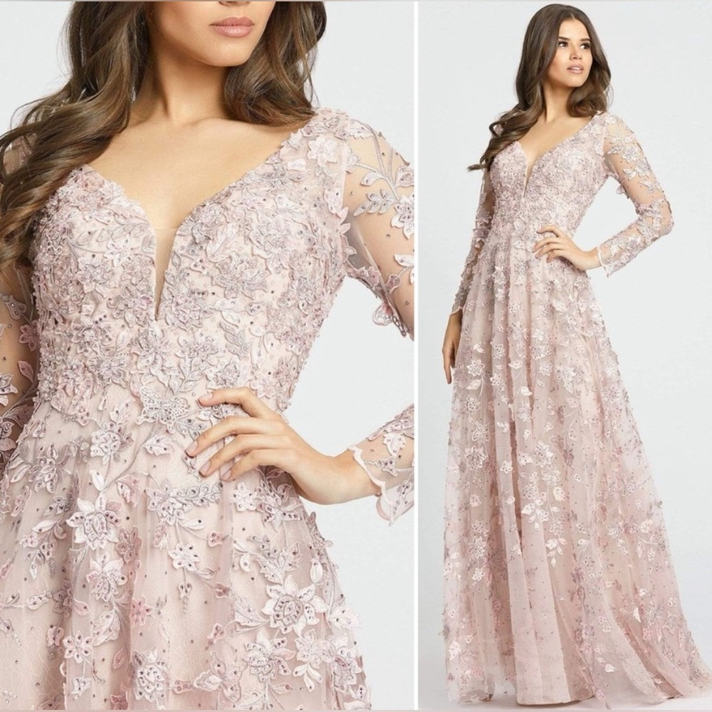 MAC DUGGAL 70224 Pink Floral Long Sleeve Illusion Gown Sz 14